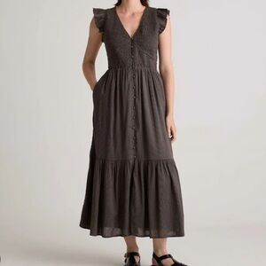 Quince Organic Textured Cotton V-Neck Midi Charcoal Dress Size Small